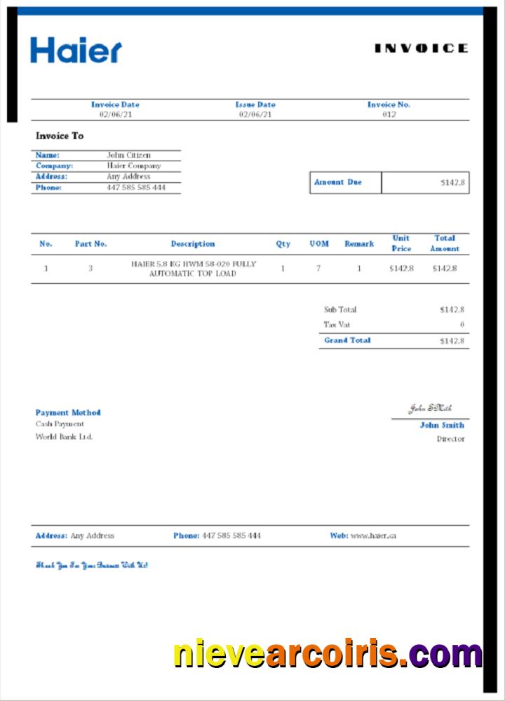 USA Haier invoice